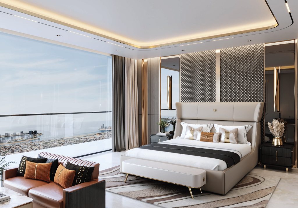 fully furnished 2-bedroom apartments in Danube Bayz102, Dubai skyline view.